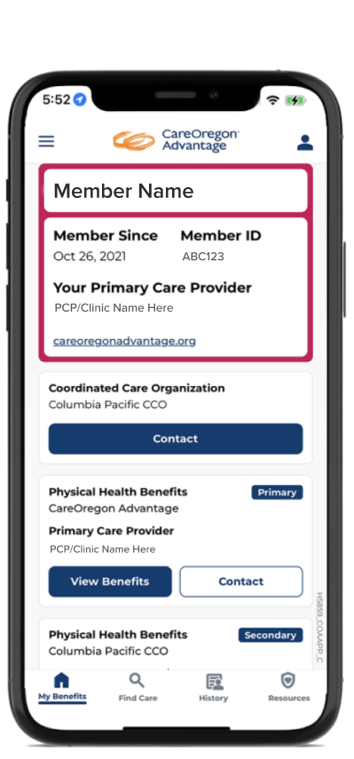 A smart phone with the MyCareOregon mobile app, displaying a CareOregon Advantage member ID card.